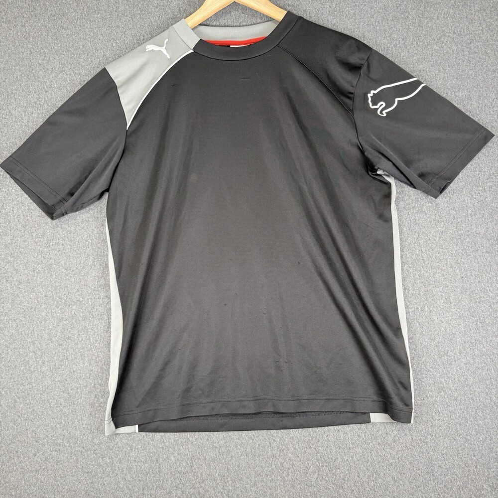 Puma Mens Medium Black Gray Athletic Shirt Short Sleeve Crew Neck Cat Logo READ